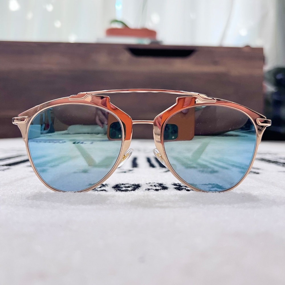 Dior Reflected Blue Mirror Lenses Rose Gold Frame Olive Green Arms Aviator - Picture 2 of 8